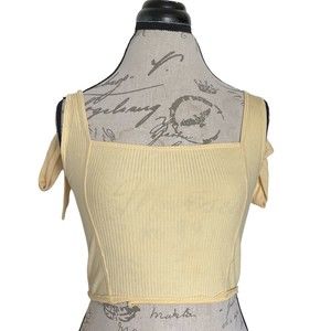 Reformation Jeans Blouse Top Size Small Cropped Yellow Ribbed Bow Tie Shoulder